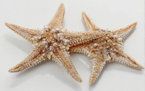 Two dried starfish, light beige and tan, with intricate texture, resting on a plain white surface - Powered by Adobe
