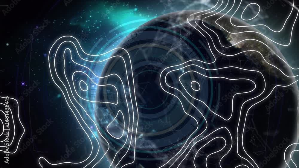 Poster animation of isohypses over globe rotating in space