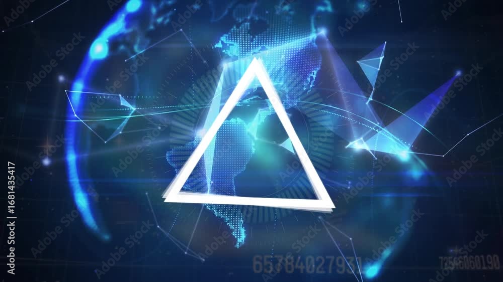 Aufkleber animation of triangles rotating over globe and connections on black background