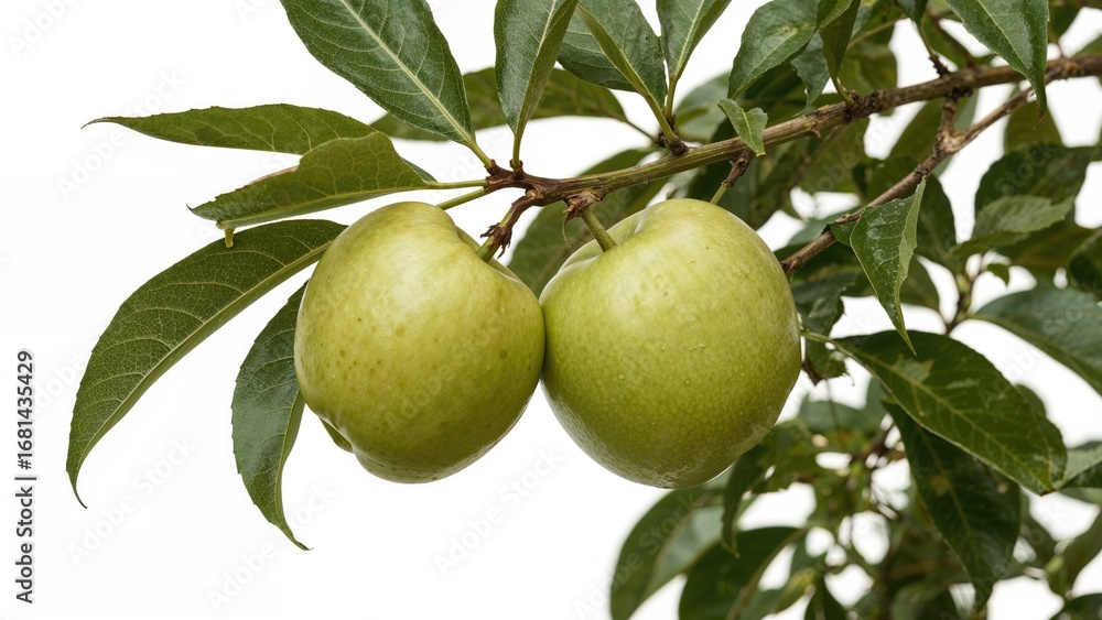 Poster two green apples hanging from a tree branch against a plain background