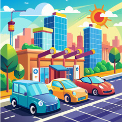 Vibrant cartoon vector illustration of electric cars parked in a sunny modern cityscape