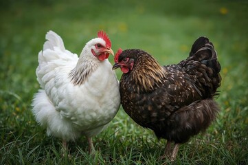 Fototapeta premium Two chickens side by side, one light-colored with its head tucked in, the other dark-colored standing alert.