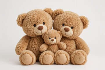 Obraz premium Two cute brown teddy bears accompanied by a baby bear on a white background