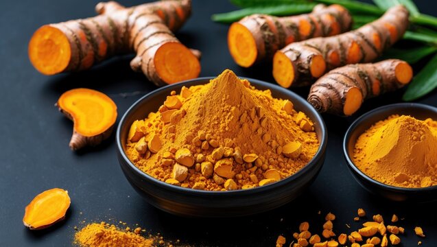 Turmeric spice and fresh turmeric pieces against a black background, ideal for culinary and medicinal purposes, empty area for notes.