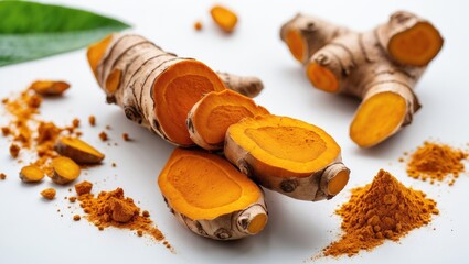 Raw turmeric rhizome displayed against a white background, highlighting its use as a spice and natural coloring agent with anti-inflammatory effects.