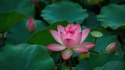 Vibrant pink lotus flower resting in a pond surrounded by leafy greenery with ample copy area