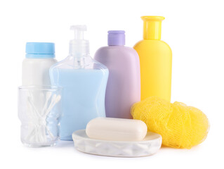 Many different baby bathroom necessities isolated on white