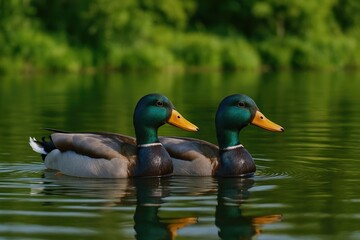 Obraz premium Pair of ducks gliding across a tranquil pond
