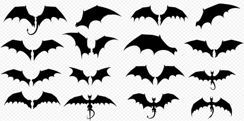 Collection of black silhouette illustrations of bat wings and winged dragons in various shapes and sizes.
