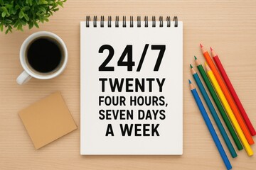 Non-stop commitment illustrated through office essentials and colorful pencils on a desk, viewed from above