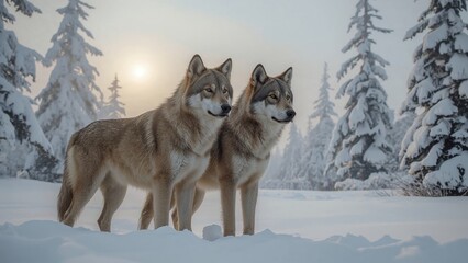 Naklejka premium Two stunning wolves in a frosty snow-covered setting