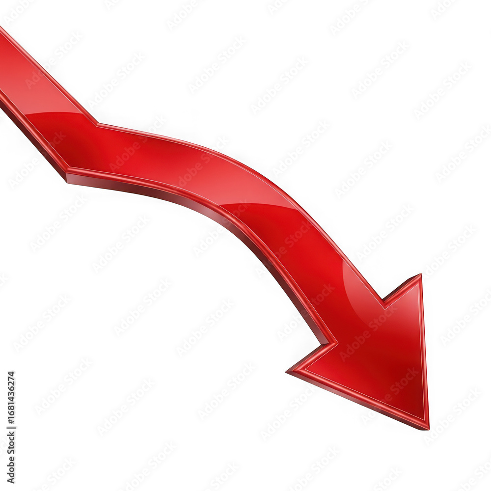 Poster glossy red arrow pointing downwards on a black background falling isolated on a transparent backgrou
