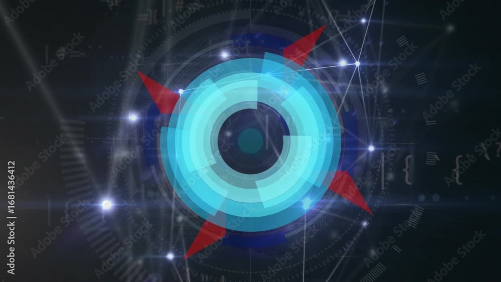 Poster animation of circles rotating over network of connections on black background