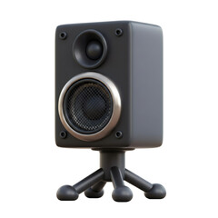 Small Black Speaker with Silver Trim on a Three Legged Stand for Audio on a Transparent Background