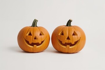 Pair of humorous pumpkins against a white backdrop