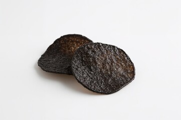 Fototapeta premium Close-up of two dark potato crisps on a white surface