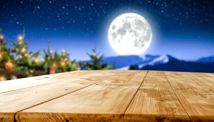 Wooden table against a backdrop of a full moon, snowy mountains, and Christmas trees