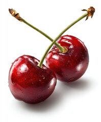Two ripe cherries, glossy red, with stems, isolated on white