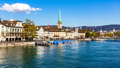 Fototapeta premium Panoramic view of a Swiss city by a river
