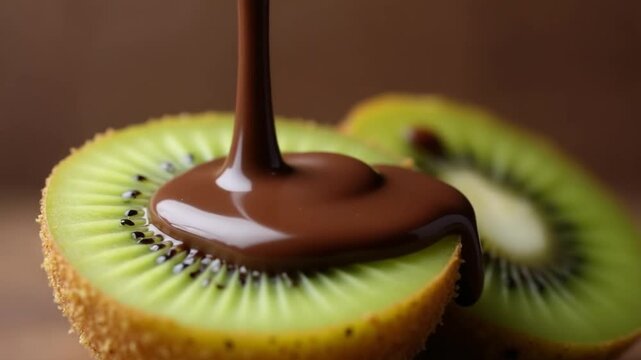 Melted chocolate pouring over slices of kiwi fruit. Unhealthy diet, dark chocolate. Food background. Chocolate background for tasty bakery. Unhealthy eating concept