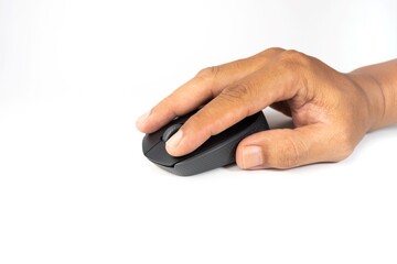 Hand operating a computer mouse isolated on white background