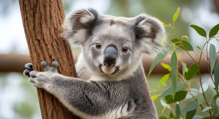 Fototapeta premium Cute koala bear climbing tree in australia wildlife nature conservation animal portrait
