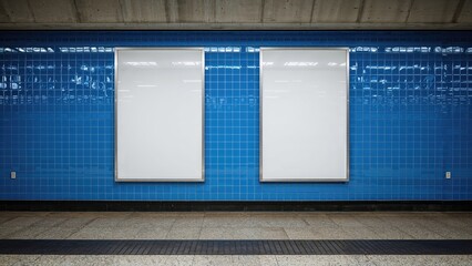 Unoccupied poster spaces on a metro platform featuring a blue ceramic wall.