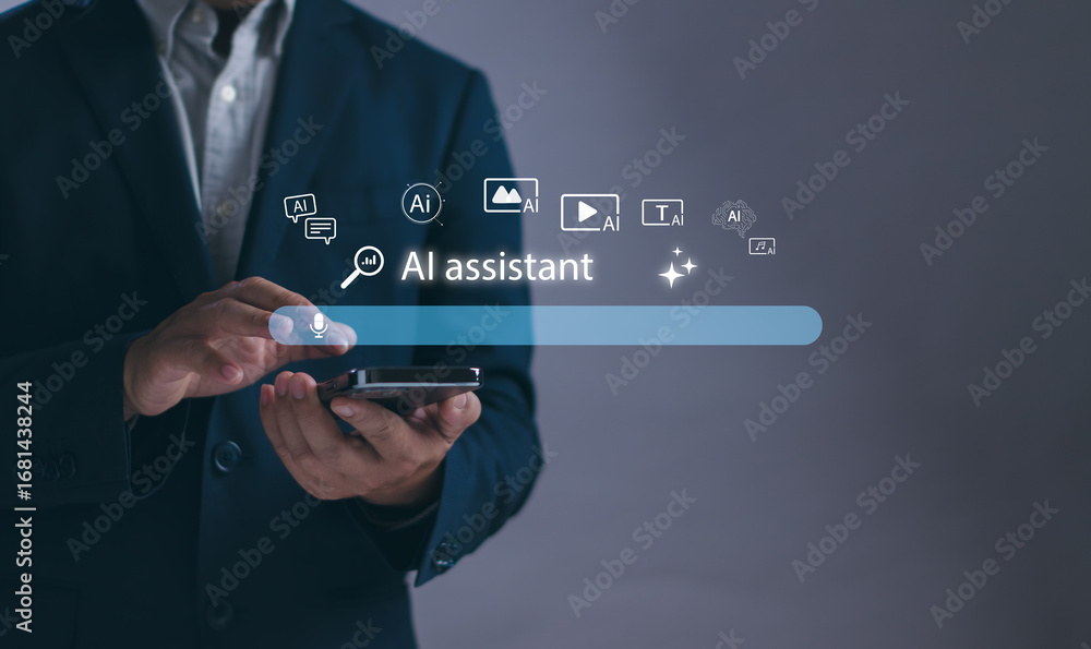 Poster businessman using ai assistant technology on smartphone. concept of artificial intelligence, digital