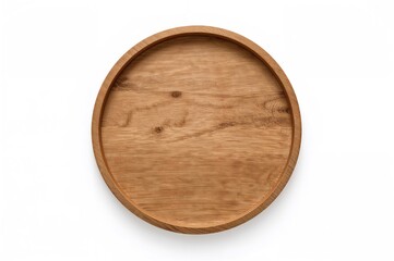 Round wooden tray with textured surface, empty and isolated on white background, top-down view