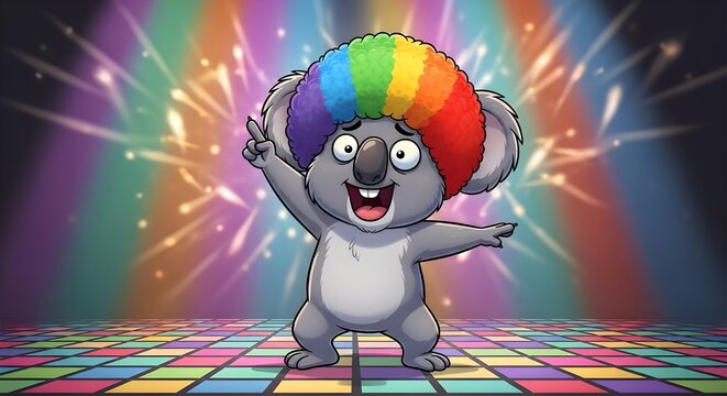 Dancing koala with rainbow afro wig vector illustration for party and fun designs