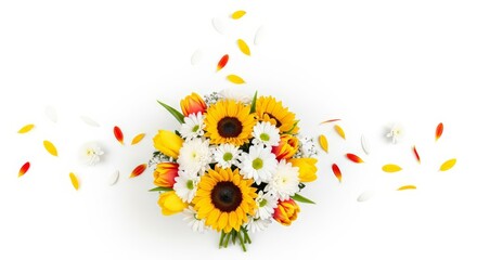 Flower bouquet &ndash; sunflower and tulip bouquet with scattered petals for celebrations and events isolated on white background