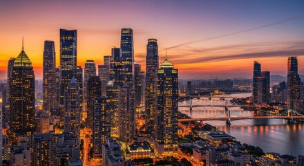 Obraz premium The vibrant city skyline at sunset with the Pearl River flowing through the city.