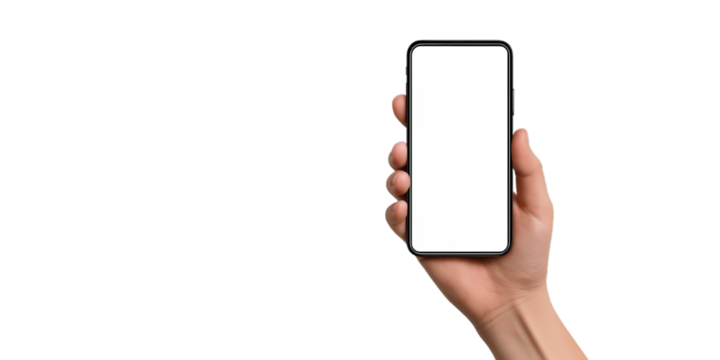 A person's hand holds a modern smartphone with a blank white screen, isolated on a transparent background.