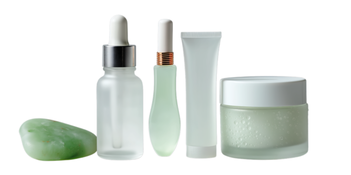 Minimalist clean beauty routine essentials, including unbranded frosted glass bottles, a cream jar, a cosmetic tube, and a natural jade stone.