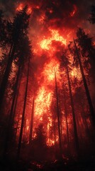 Majestic forest fire burning with intense flames and silhouetted trees photo