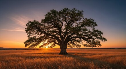 Obraz premium A majestic oak tree stands tall in a vast, golden field under a clear, blue sky at sunset.