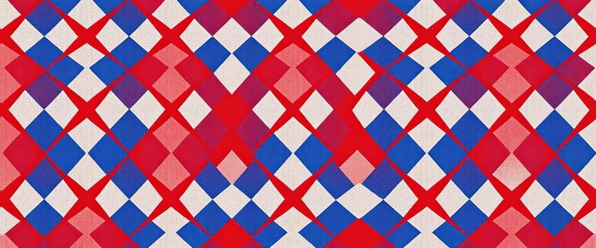 Seamless harlequin rhombus pattern in blue, red, and white; perfect for circus, carnival, or masquerade designs, vintage, party
