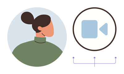 Woman s profile avatar beside video camera graphic connected by dotted lines. Ideal for communication, connectivity, online interaction, virtual meetings, technology, collaboration, remote work