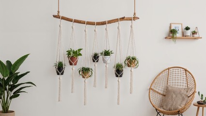 Handmade cotton macrame plant holders for six pots are dangling from a wooden stick, accompanied by shelves, an egg chair, and a table for decoration.