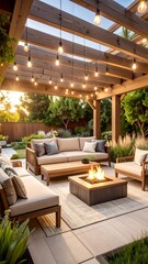 Fototapeta premium A sun-drenched outdoor living space featuring a wooden pergola, comfortable seating, and a fire pit, bathed in warm light.