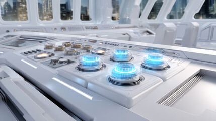 Futuristic quantum control panel illuminated by holographic buttons in a bright tech environment