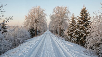 Obraz premium Charming snow-covered trail bordered by frost-covered trees