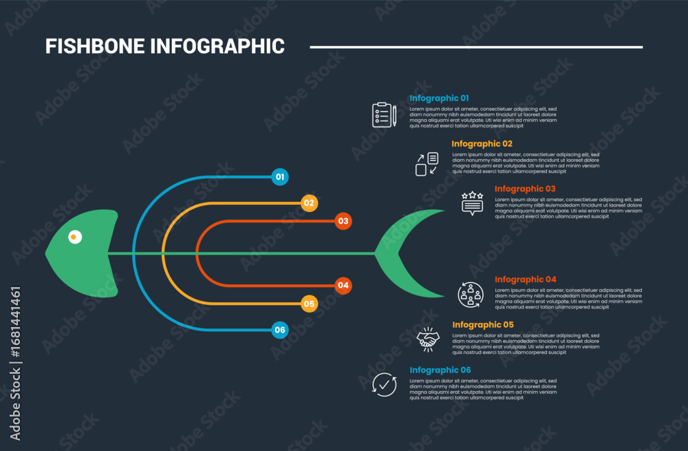 Aufkleber fishbone diagram infographic process diagram with long line pointer with bend curve shape with dark 