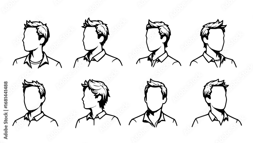 Poster a collection of illustrations displaying stylized male portrait variations, each showcasing differen
