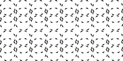 Monochrome seamless pattern with symmetrical abstract leaf-like shapes on a white background.