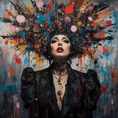 Art painting portrait of Young woman in a traditional dress with beauty and fashion style colorful abstract background design illustration.