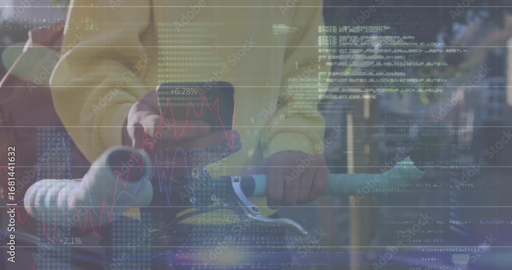Poster animation of financial data and graphs over hands of caucasian man using smartphone