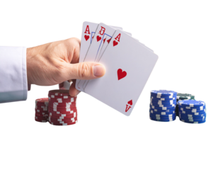 Side Angle Poker Night Scene with Hand Holding Cards, isolated transparent background png