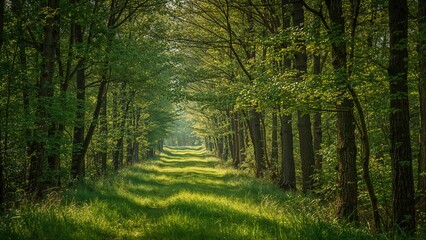 Obraz premium Green woodland trail with abundant vegetation