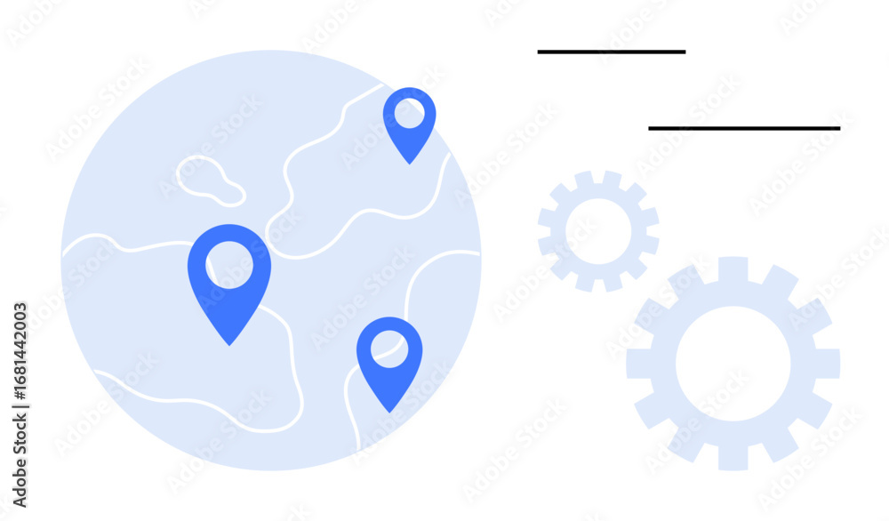Poster abstract globe with blue geolocation markers, gears symbolizing process automation, and lines repres